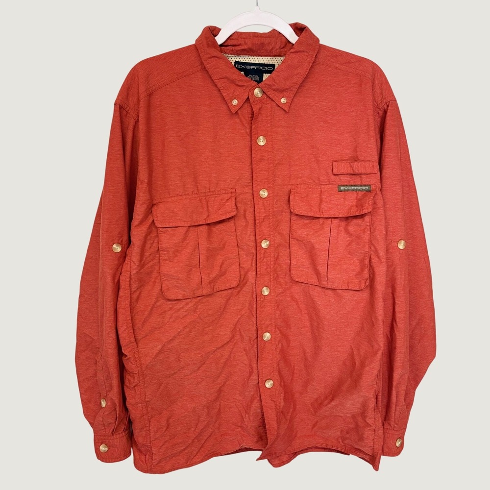 Autumn Fall Outdoor Gorpcore Fishing Shirt Roll Tab ExOfficio Mesh Men L Orange